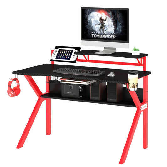 Ergonomic Gaming Desk with Black and Red Metal Frame and PVC Coating