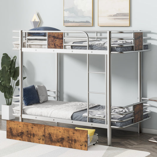 Silver Metal Bunk Bed with Twin XL Storage Drawers and Guardrail