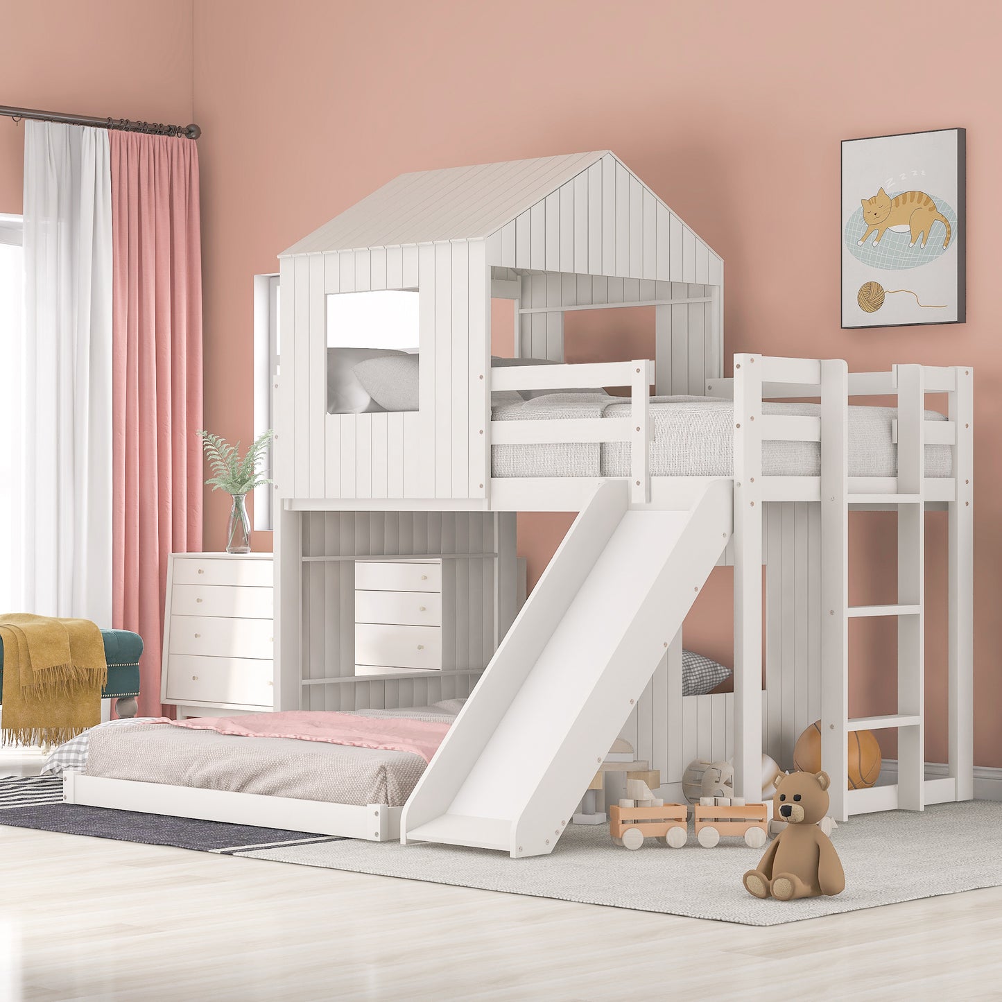 White Wooden Bunk Bed with Playhouse and Slide - Farmhouse Style