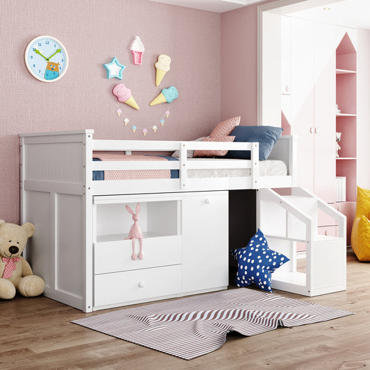 Loft Bed Low Study Twin Size Loft Bed With Storage Steps and Portable,Desk,White(: LT000101AAK)