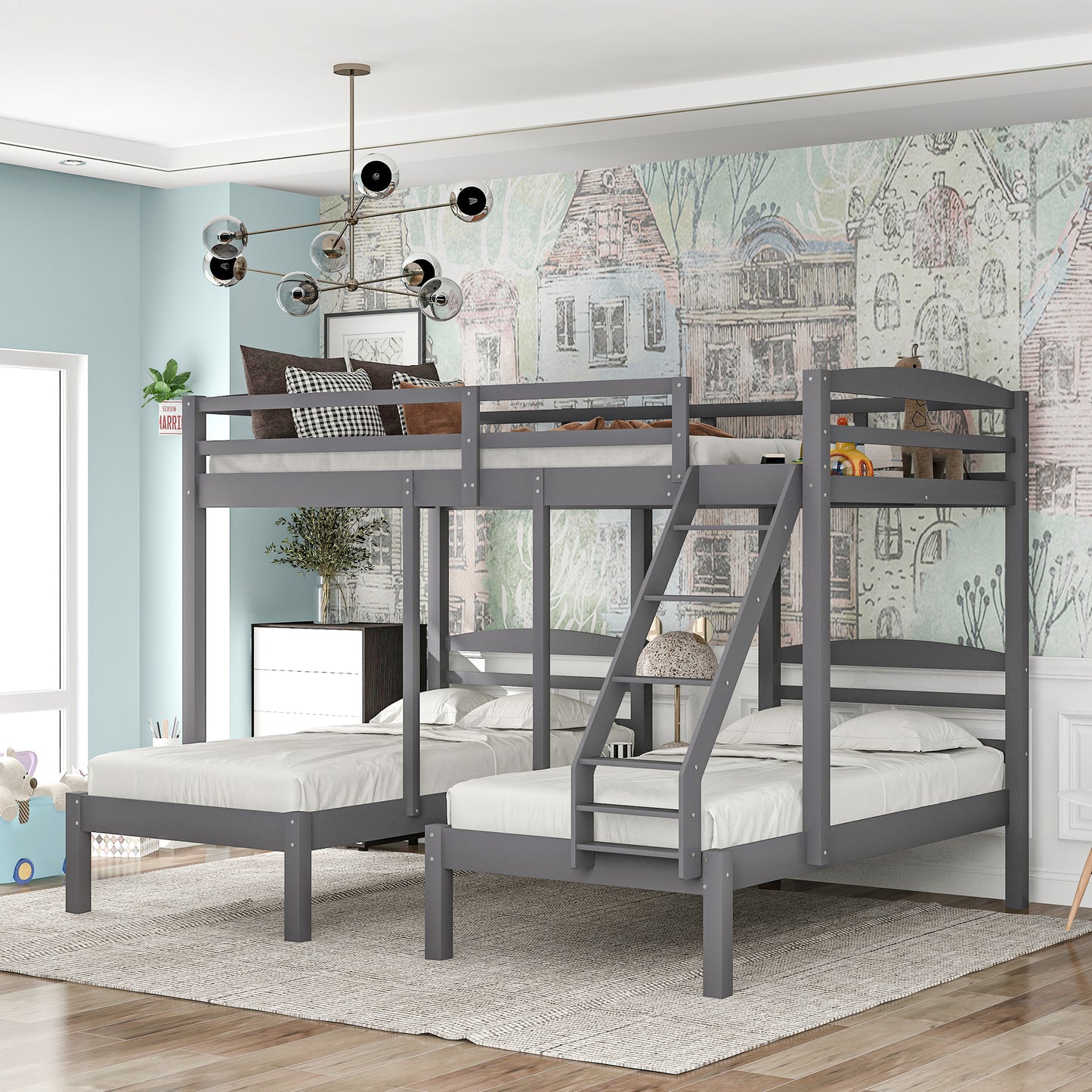 Gray Triple Bunk Bed with Full over Twin & Twin