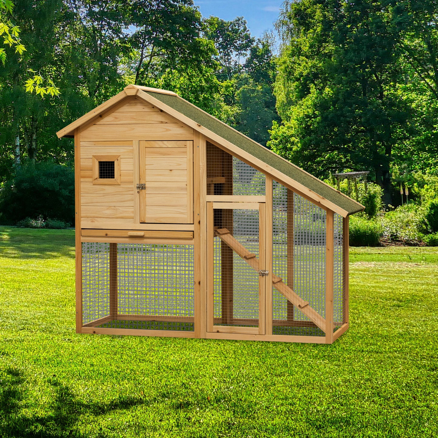 55" L 2-Tier Wooden Rabbit Hutch Bunny Cage Small Animal House with Ramp, Waterproof Roof, Removable Tray and Outdoor Run