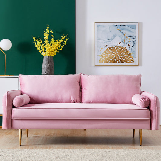 Velvet 71'' Mid Century Pink Sofa with Armrest Pocket and Throw Pillows