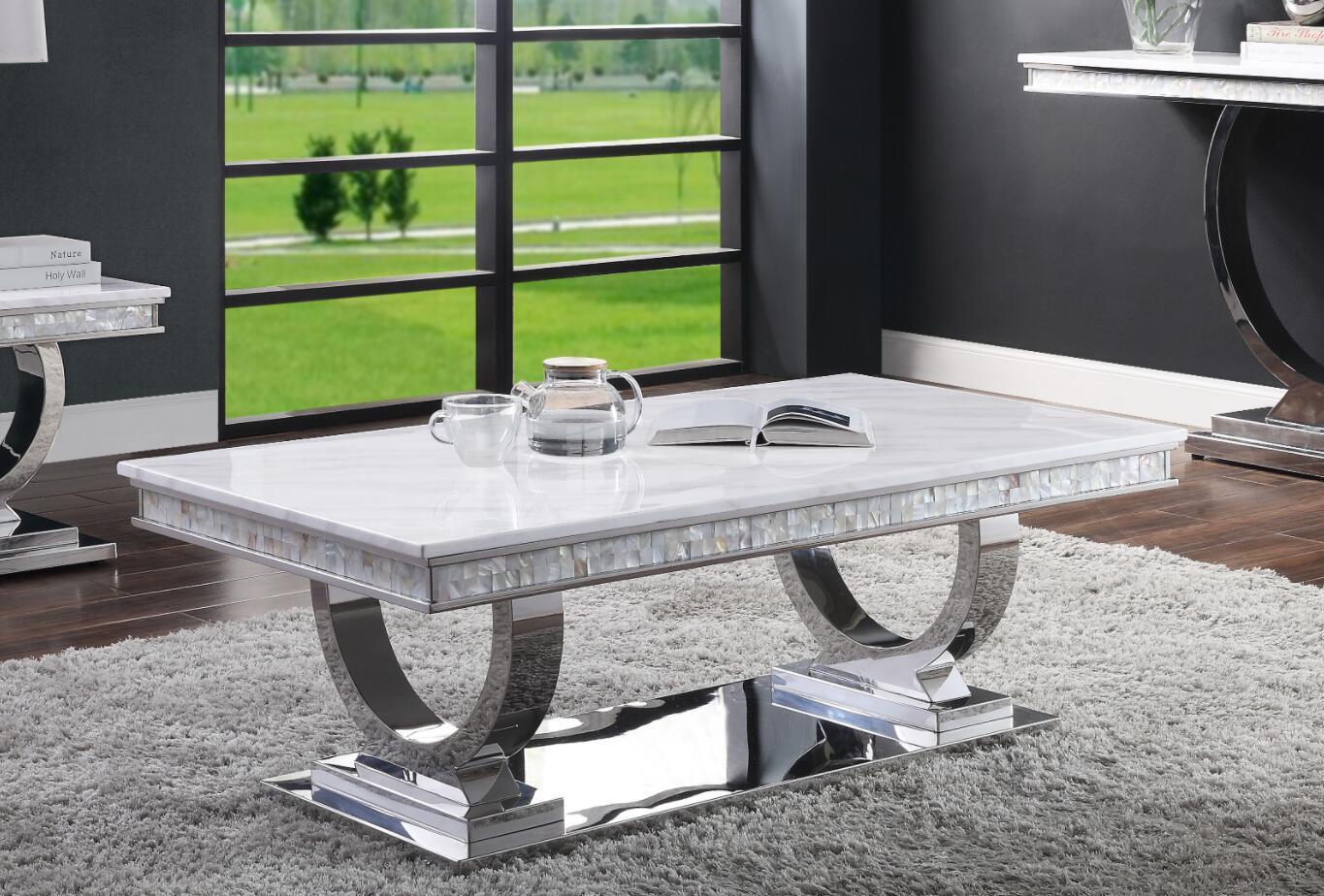 Zander Marble Top Coffee Table with Mirrored Silver Finish