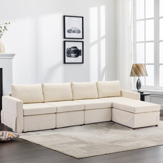 4-Seat Modular Sectional Sofa with Ottoman, Removable and Washable Seat Cushions, Cream