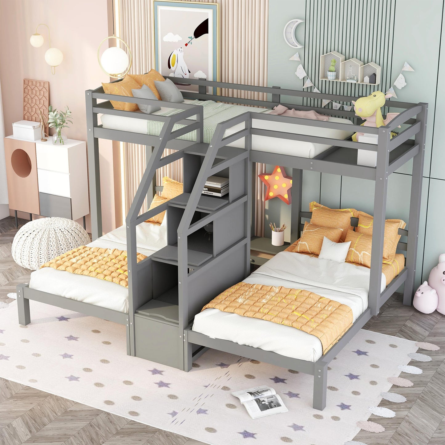 Gray Triple Twin Bunk Bed with Staircase and Storage Drawer