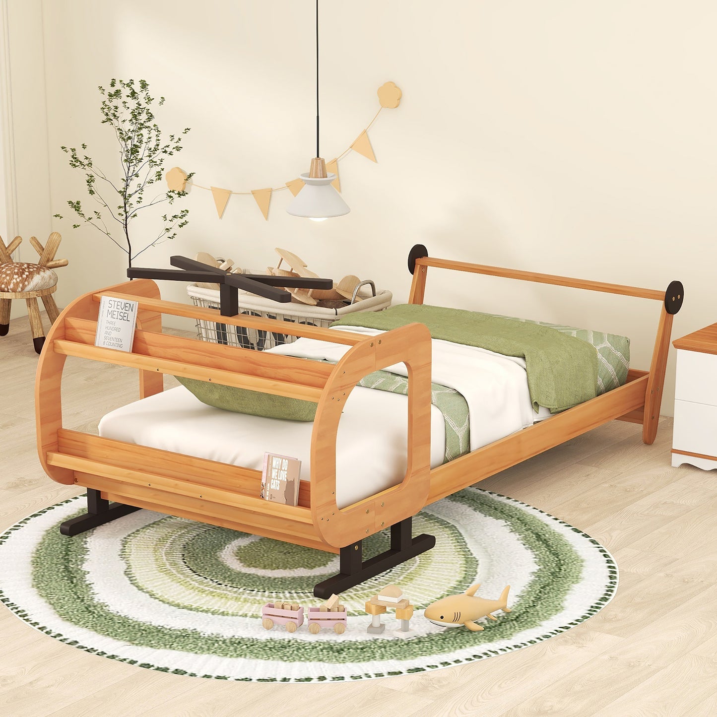 Twin Size Plane Shaped Platform Bed with Rotatable Propeller and Shelves, Natural