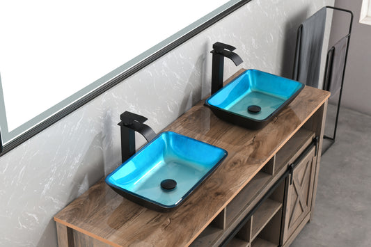 Handcrafted Turquoise Glass Vessel Sink Set with Matte Black Faucet