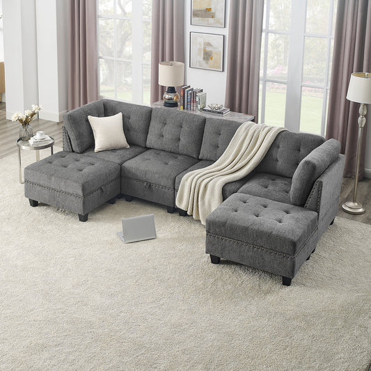 Modular U-Shape Sectional Sofa Set with DIY Combination - Grey Chenille