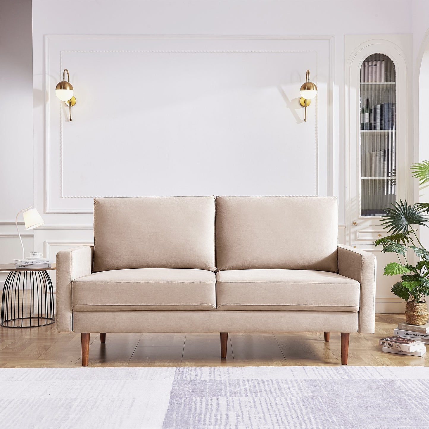 69 Inches Modern Beige Velvet Upholstered Loveseat Couch