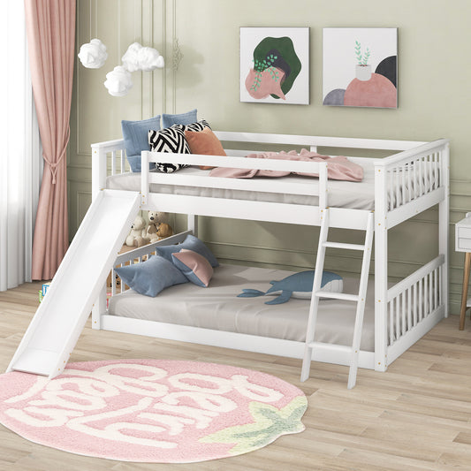 Fun White Full over Full Bunk Bed with Removable Slide and Ladder