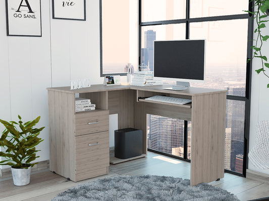 Mix L-Shaped Desk with Keyboard Tray, Drawers, and Open Shelf - Light Gray