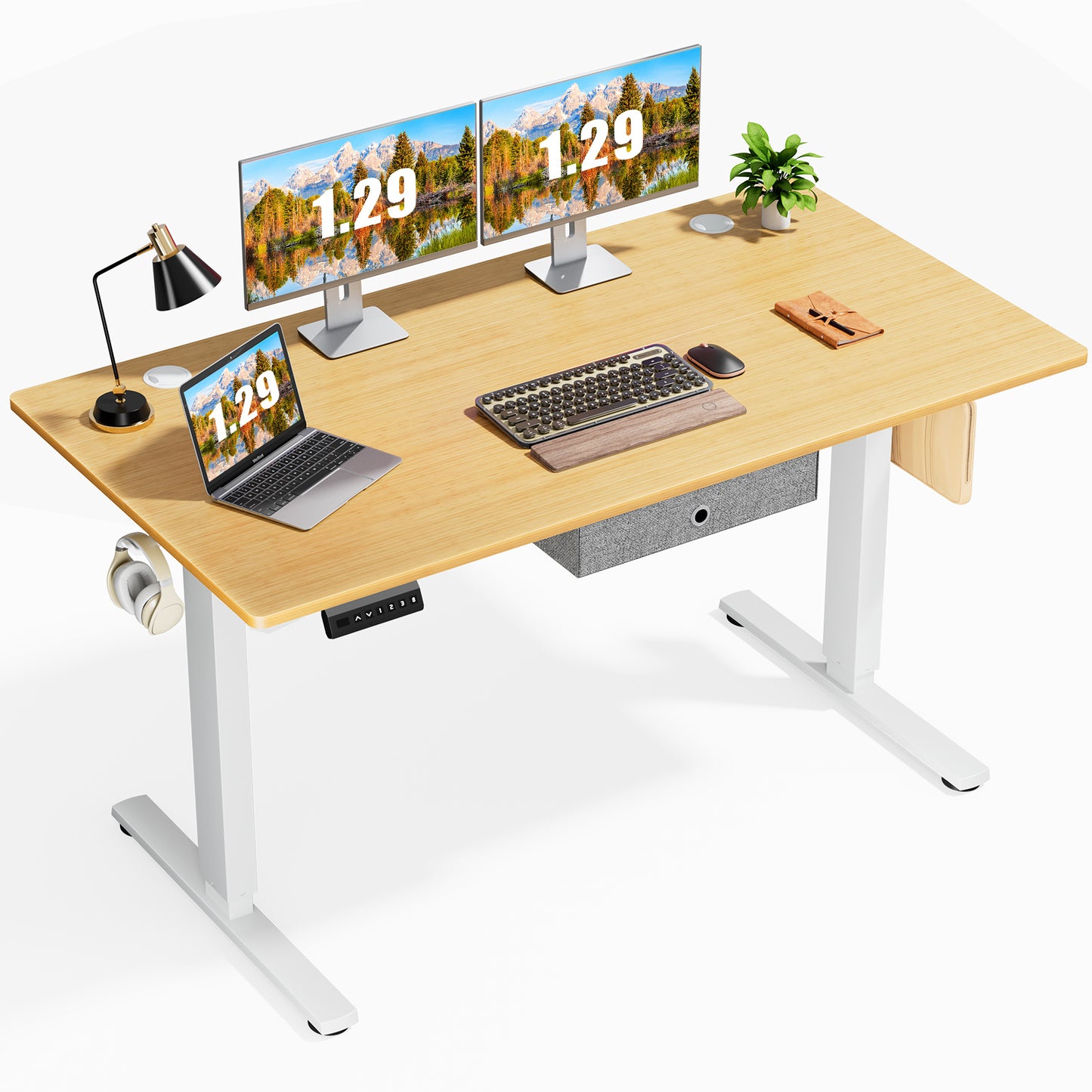 Height-Adjustable Electric Standing Desk with Drawer and 3 Memory Presets, 55 x 24 Inches Natural