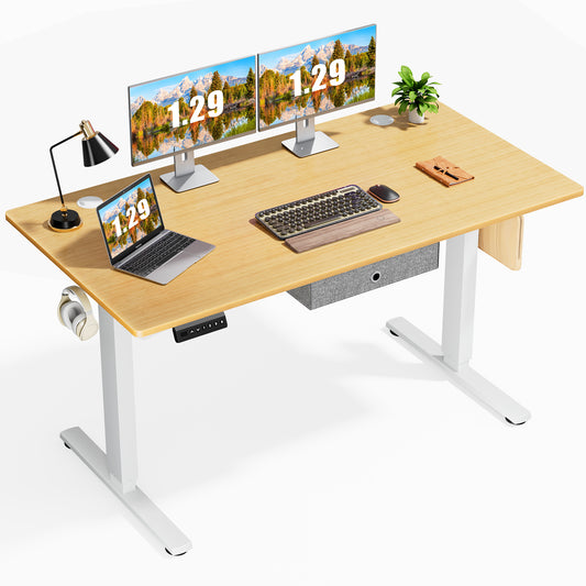 Height-Adjustable Electric Standing Desk with Drawer and 3 Memory Presets, 55 x 24 Inches Natural