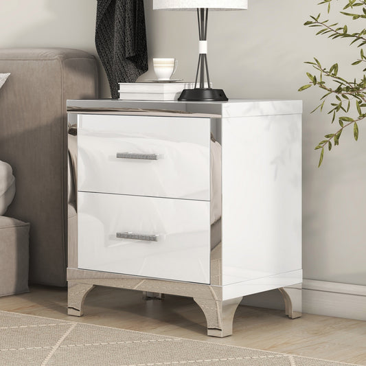 Elegant High Gloss Nightstand with Metal Handle,Mirrored Bedside Table with 2 Drawers for Bedroom,Living Room,White