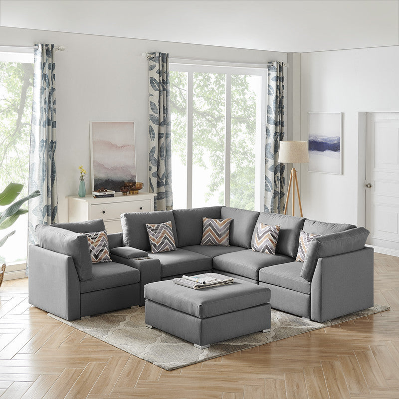 Amira Gray Fabric Sectional Sofa Set with USB Console and Ottoman