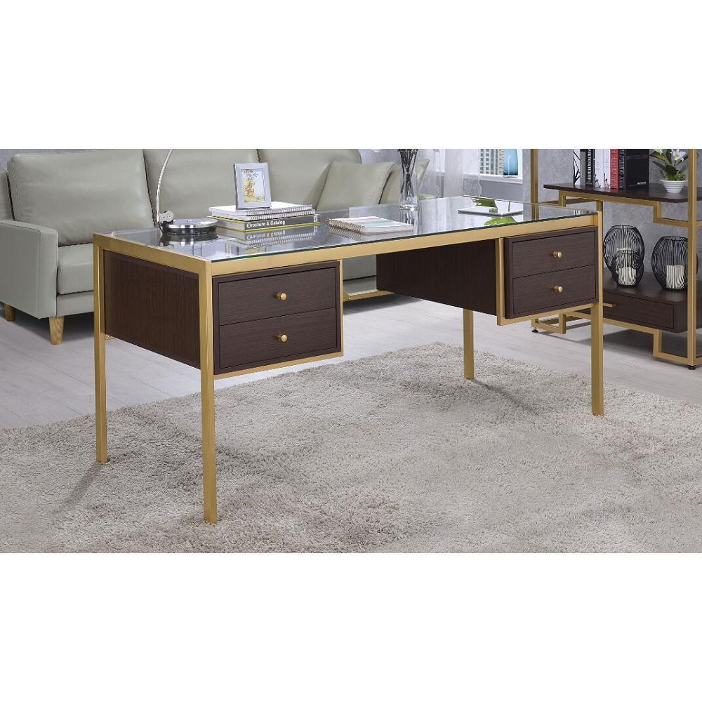 Sophisticated Gold and Clear Glass Writing Desk with Wooden Drawers and Industrial Touch