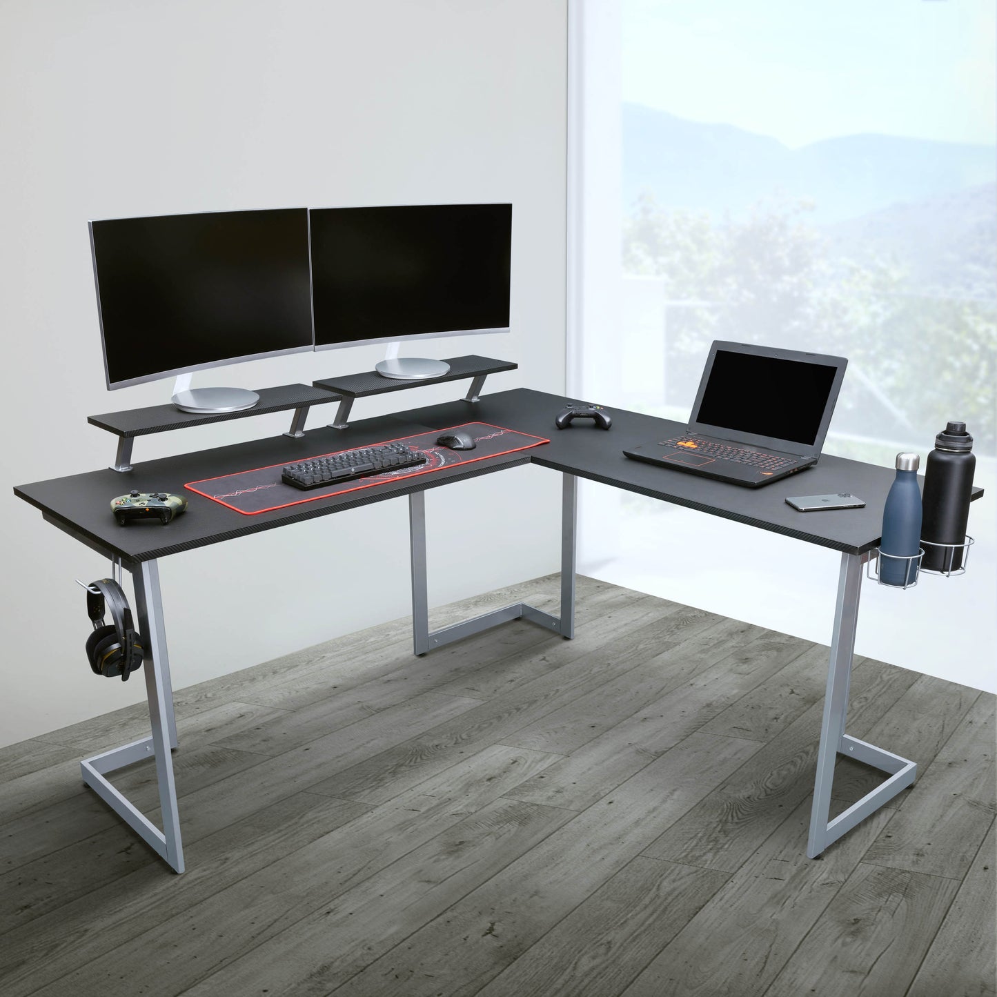 Elevate Gaming Space with Black Warrior L-Shaped Desk - Enhanced Gaming Setup