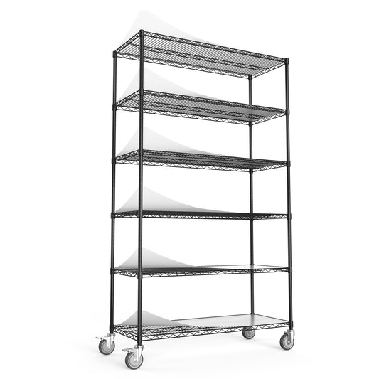 6 Tier Wire Shelving Unit, 6000 LBS NSF Height Adjustable Metal Garage Storage Shelves with Wheels, Heavy Duty Storage Wire Rack Metal Shelves - Black - 204882