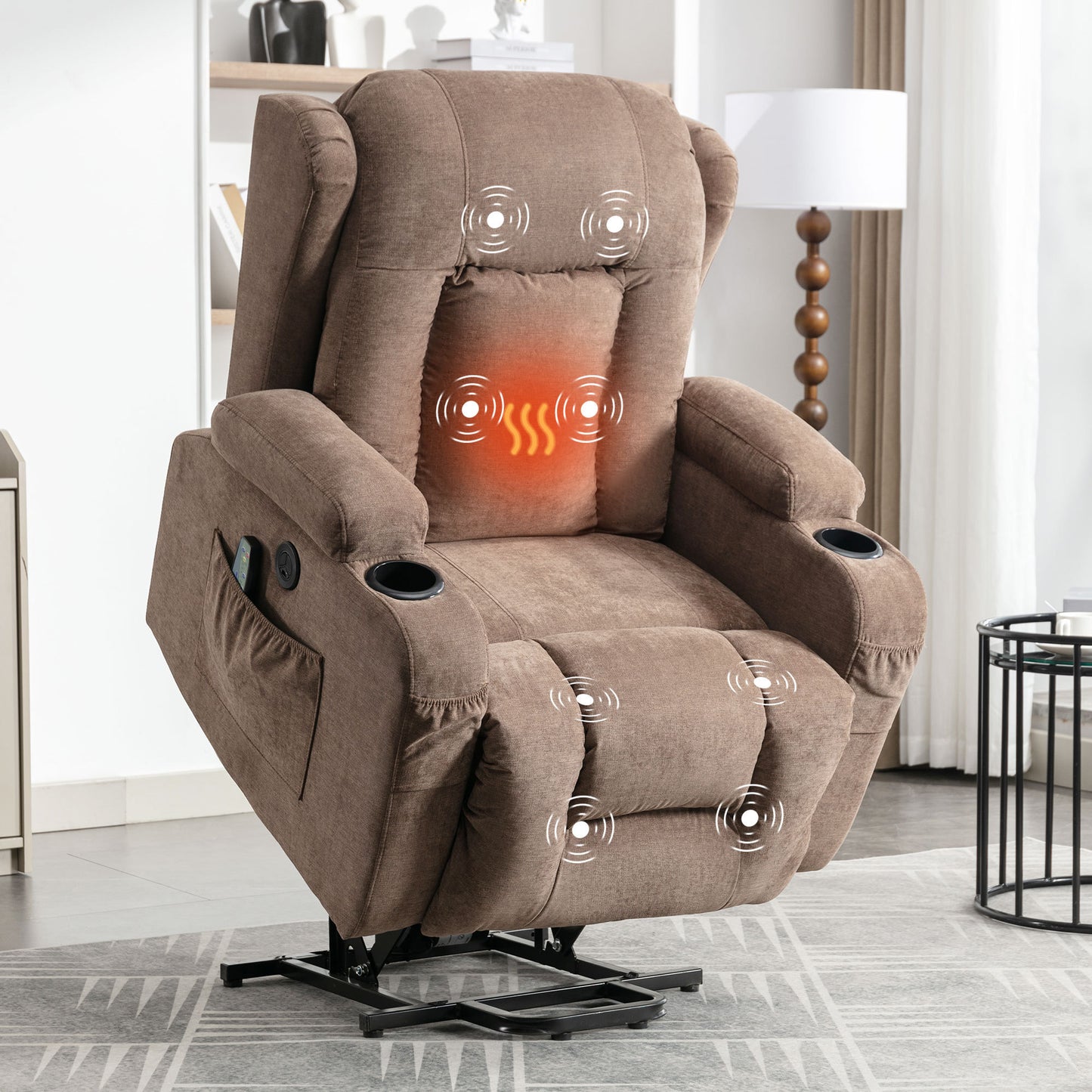 Electric Power Lift Recliner Chair with Heat and Massage for Seniors - Brown