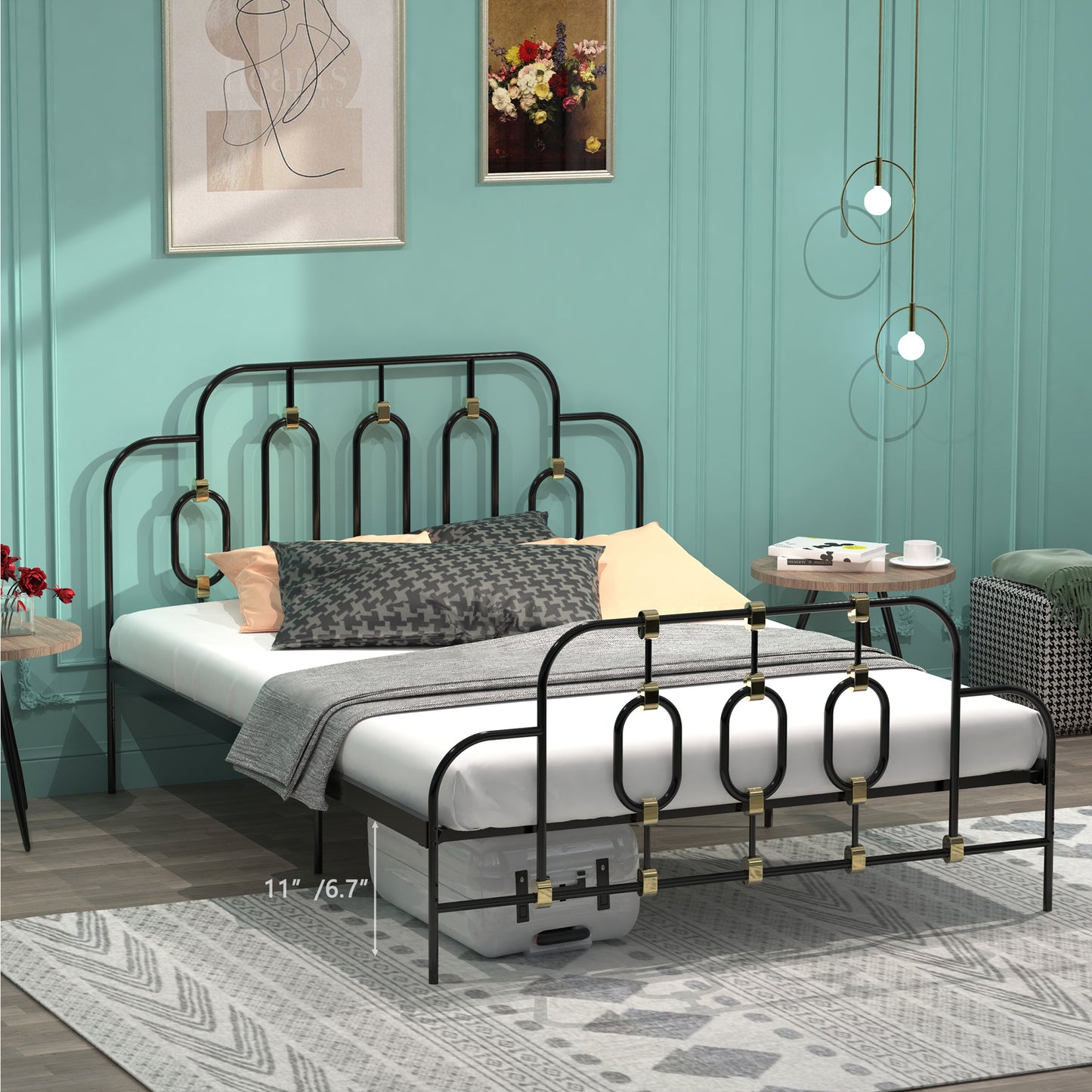 Ola Metal Bed, Black with Gold Detail, Full