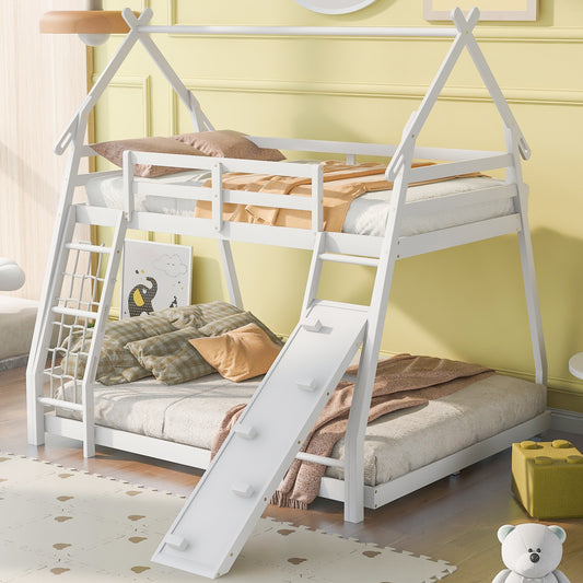 Twin and Queen Climbing House Bunk Bed with Nets and Ramp in White