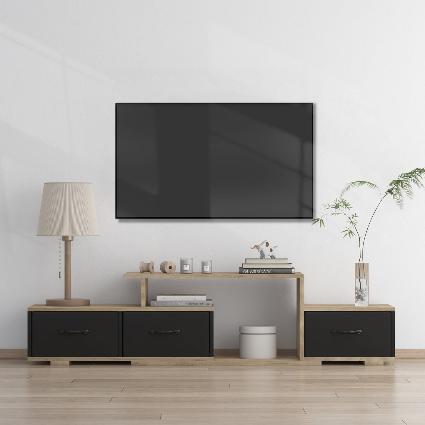 Elegant Light Brown and Black TV Stand with Foldable Fabric Drawer