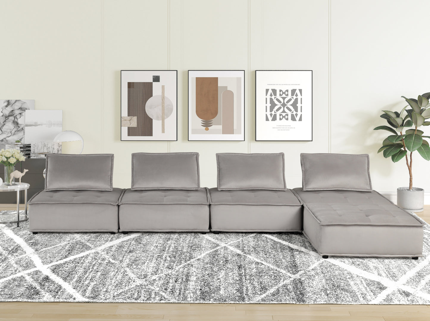 Luxurious Anna Light Gray Velvet 5 Piece Sectional Sofa Ottoman