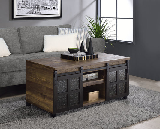 Rustic Oak Coffee Table with Obscure Glass and Black Metal Accent