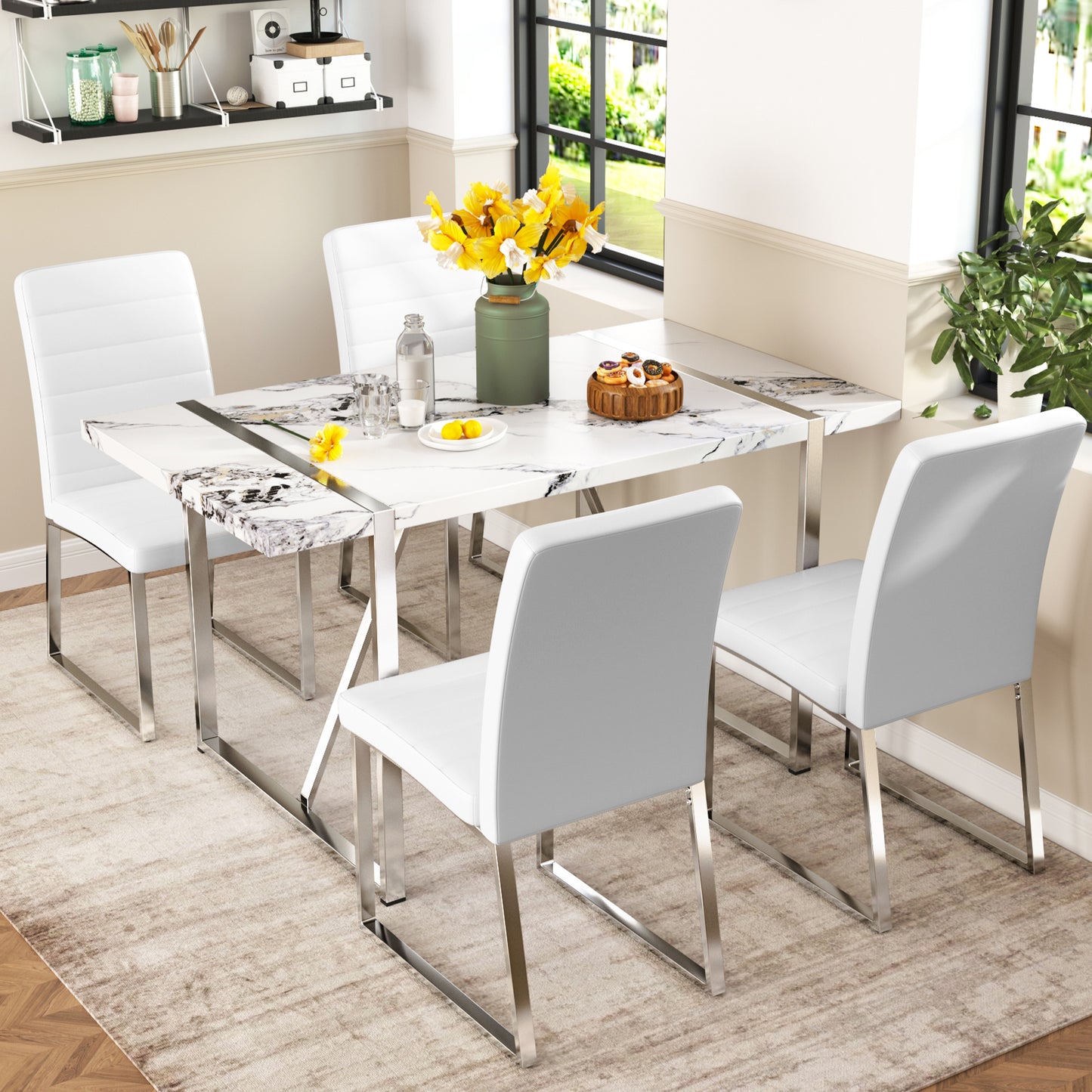 5-piece Dining Table Chairs Set, Rectangular Dining Room Table Set for 4, Faux Marble Modern Dining Table and Faux Leather Chairs for Kitchen Dining Room, White