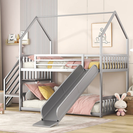 House-Shaped Silver Metal Twin Bunk Bed with Slide, Staircase, and Storage