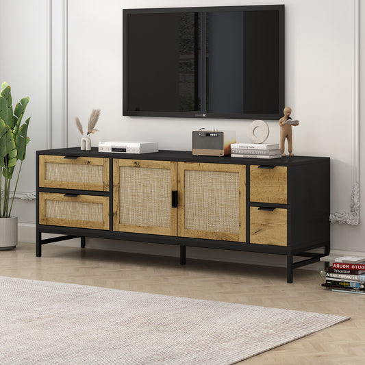 Elegant Boho Style Rattan TV Stand with Adjustable Shelves