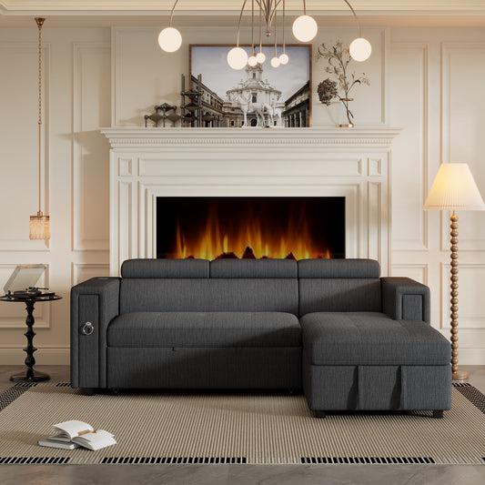 Versatile 96 L-Shape Sectional Sofa with Wireless Charging and Hidden Storage in Grey Linen