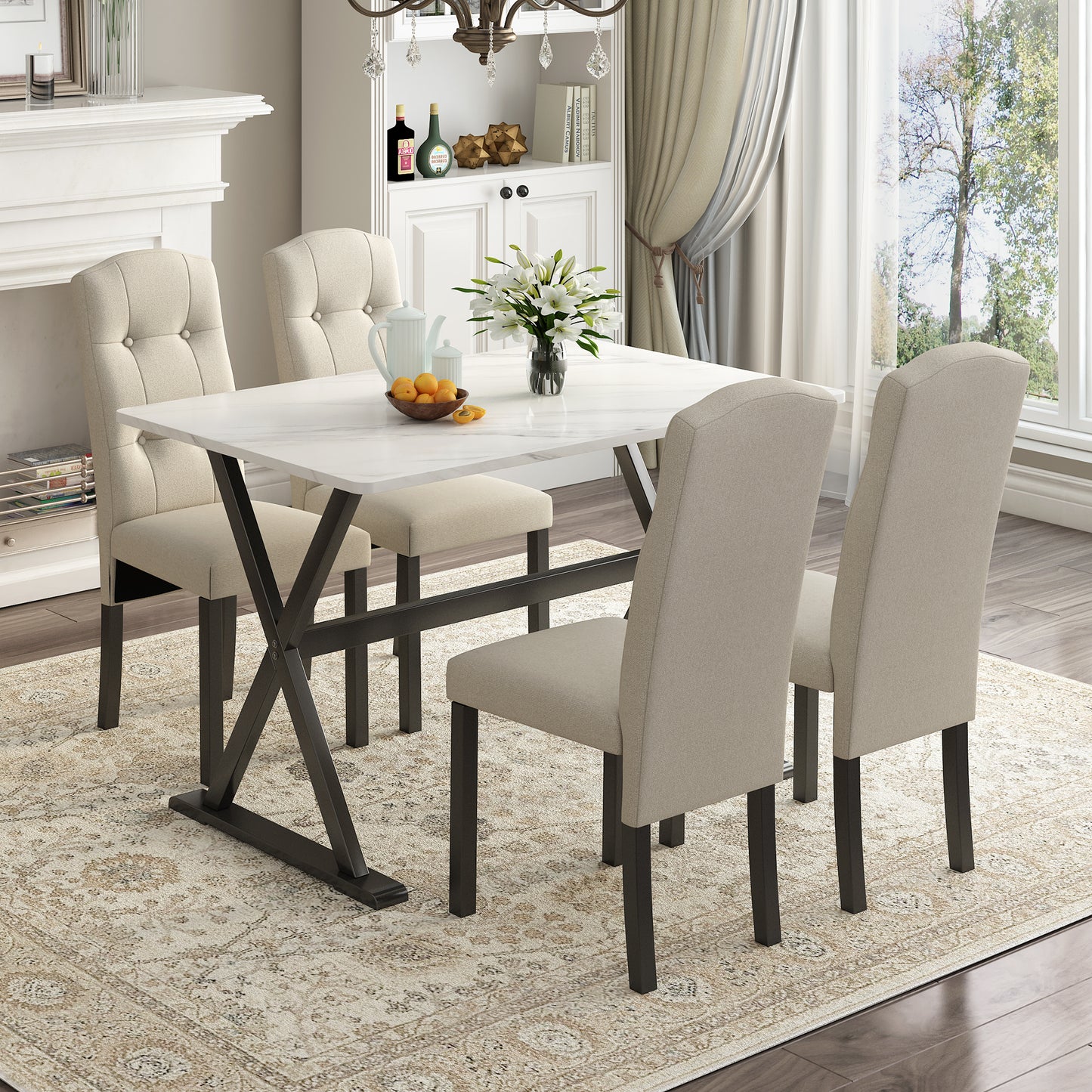 Solid Wood 5-Piece Dining Table Set with Faux Marble Tabletop and Upholstered Dining Chairs for 4, Faux Marble White+Beige