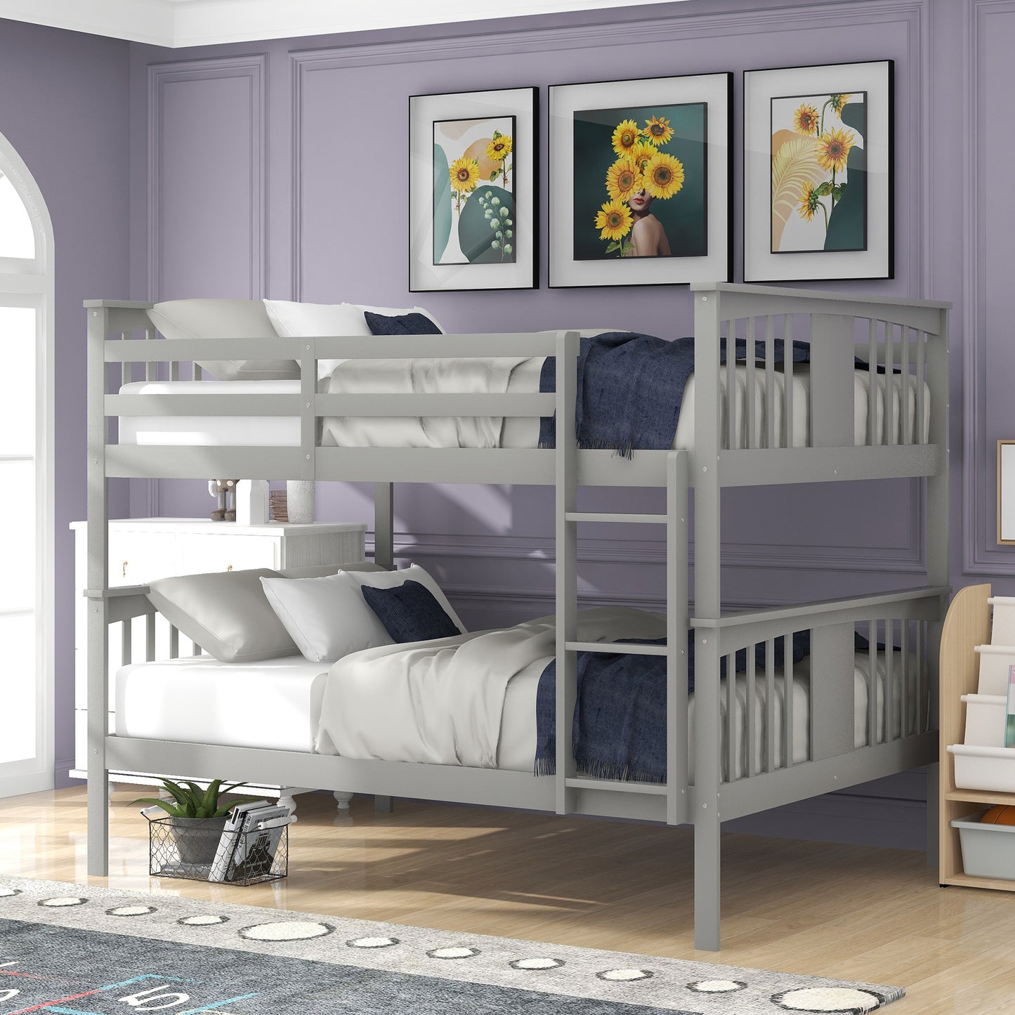 Gray Full-Size Bunk Bed with Flexible Configuration for Bedroom, Accommodating Guests