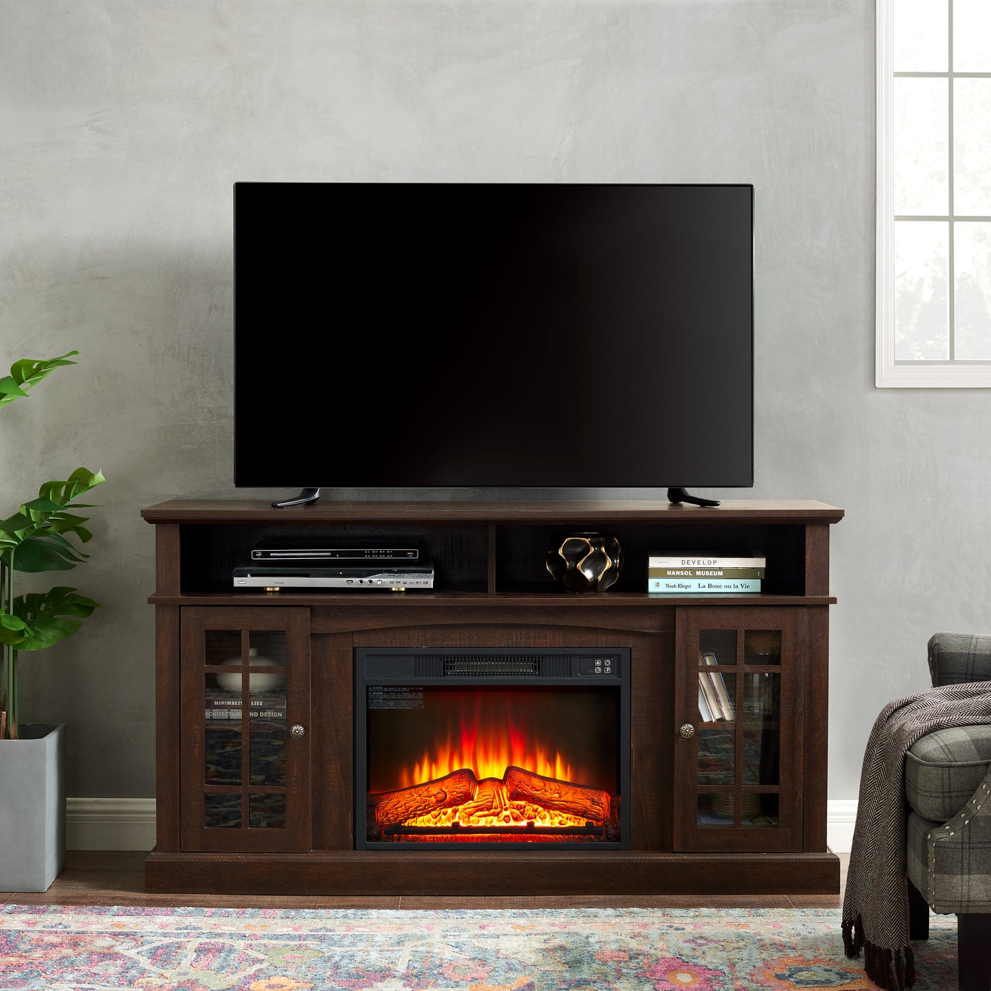 Modern Espresso TV Stand with Fireplace Insert and Open/Closed Storage for TVs Up to 65