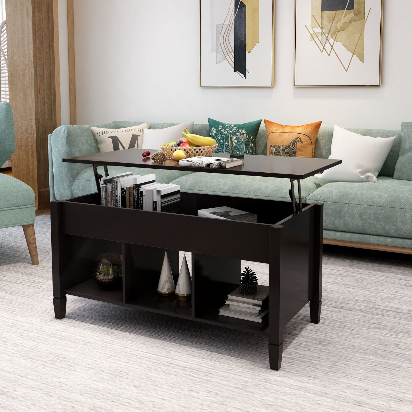 Adjustable Lift Top Coffee Table with Storage - Black