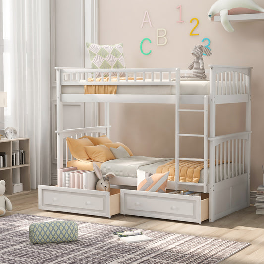 Twin Bunk Bed with Storage Drawers and Convertible Design in White