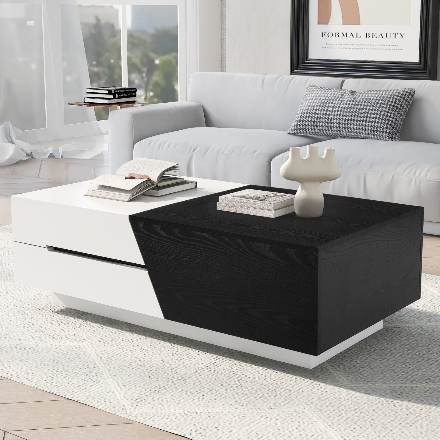 Sleek White and Black Sliding Top Coffee Table with Storage