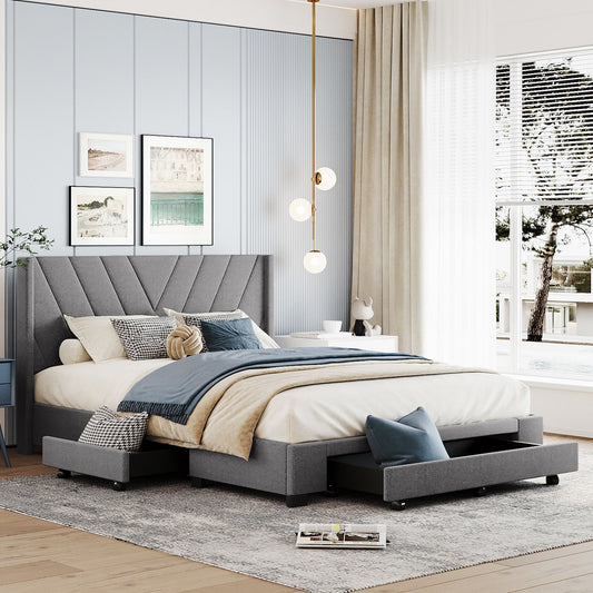 Queen Size Storage Bed Linen Upholstered Platform Bed with 3 Drawers (Gray)