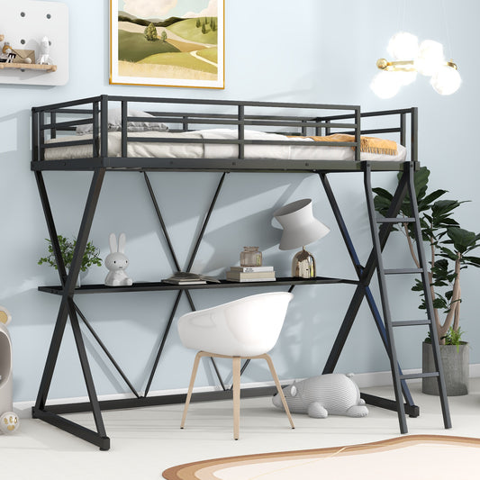 Twin Size Loft Bed with Desk, Ladder and Full-Length Guardrails, X-Shaped Frame, Black(: MF297073AAB)