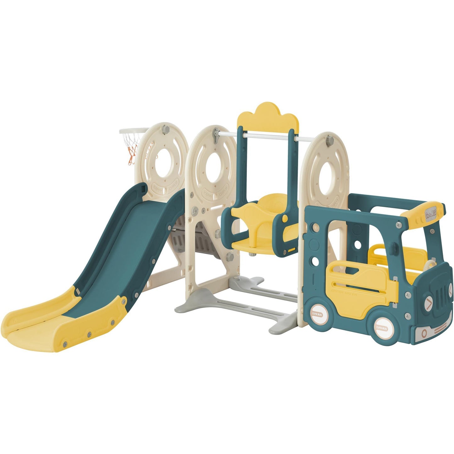 Kids Swing-N-Slide with Bus Play Structure, Freestanding Bus Toy with Slide&Swing for Toddlers, Bus Slide Set with Basketball Hoop