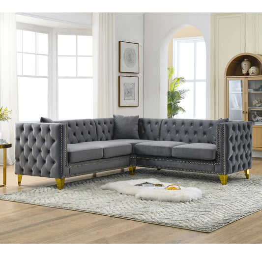 82.2-Inch Velvet L-Shaped Sectional Corner Sofa with 5-Seater Capacity and Nailhead Trim