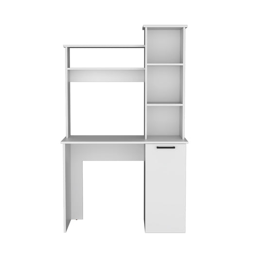 Elegant White Office Desk with Integrated Hutch and Versatile Storage Options