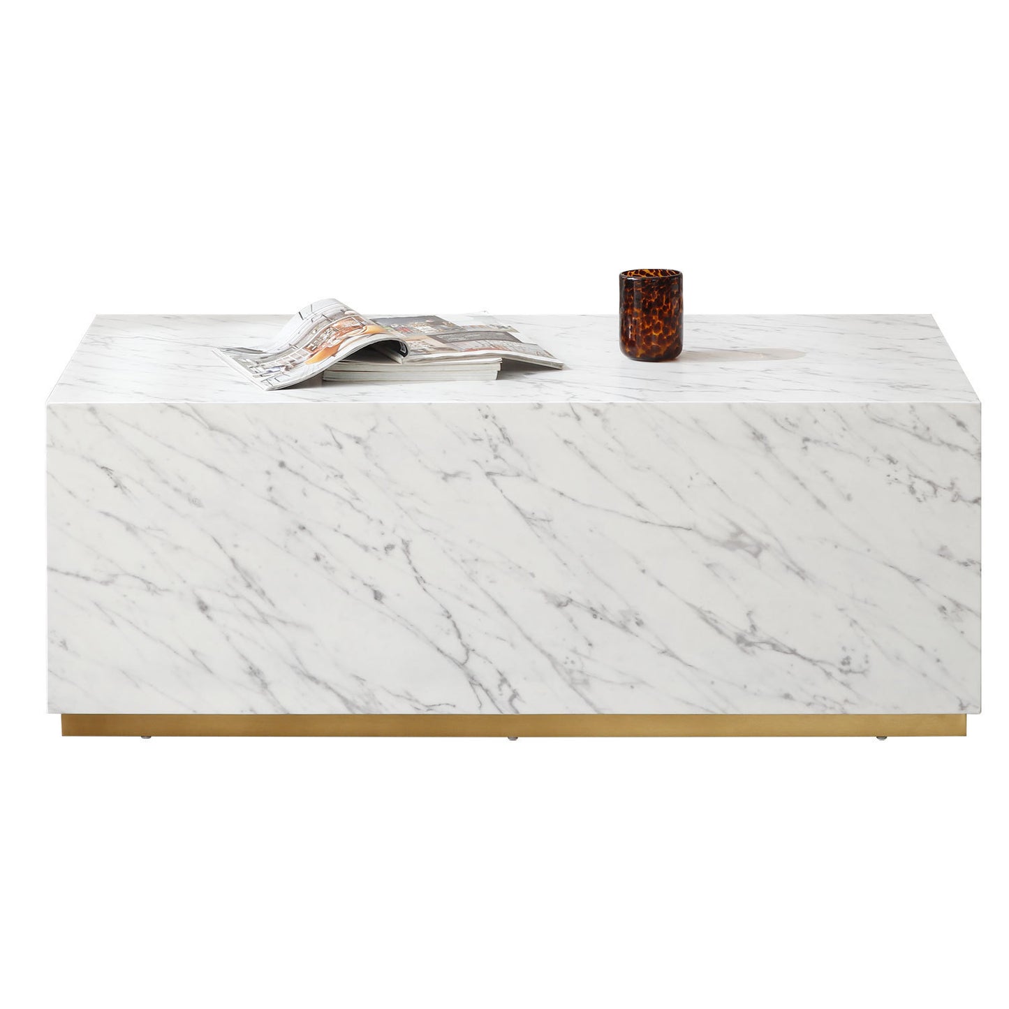 White Marble MDF Coffee Table with Elegant Gold Base and No Assembly Required