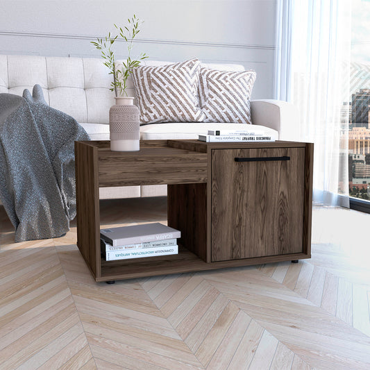 Lyon Dark Walnut Coffee Table with Storage Cabinet and Open Shelf