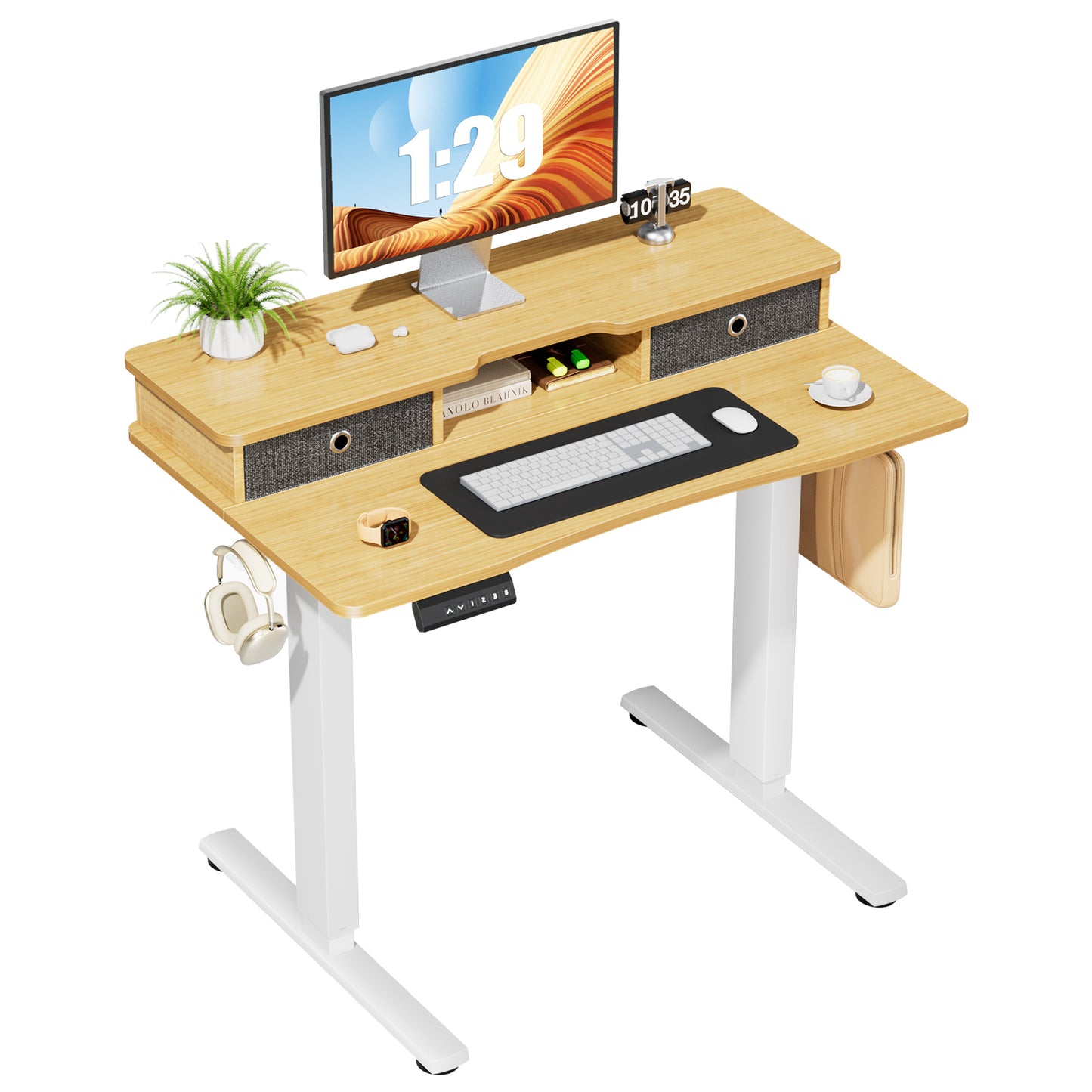 Height-Adjustable Electric Standing Desk with Storage Shelves and Double Drawers for Home Office