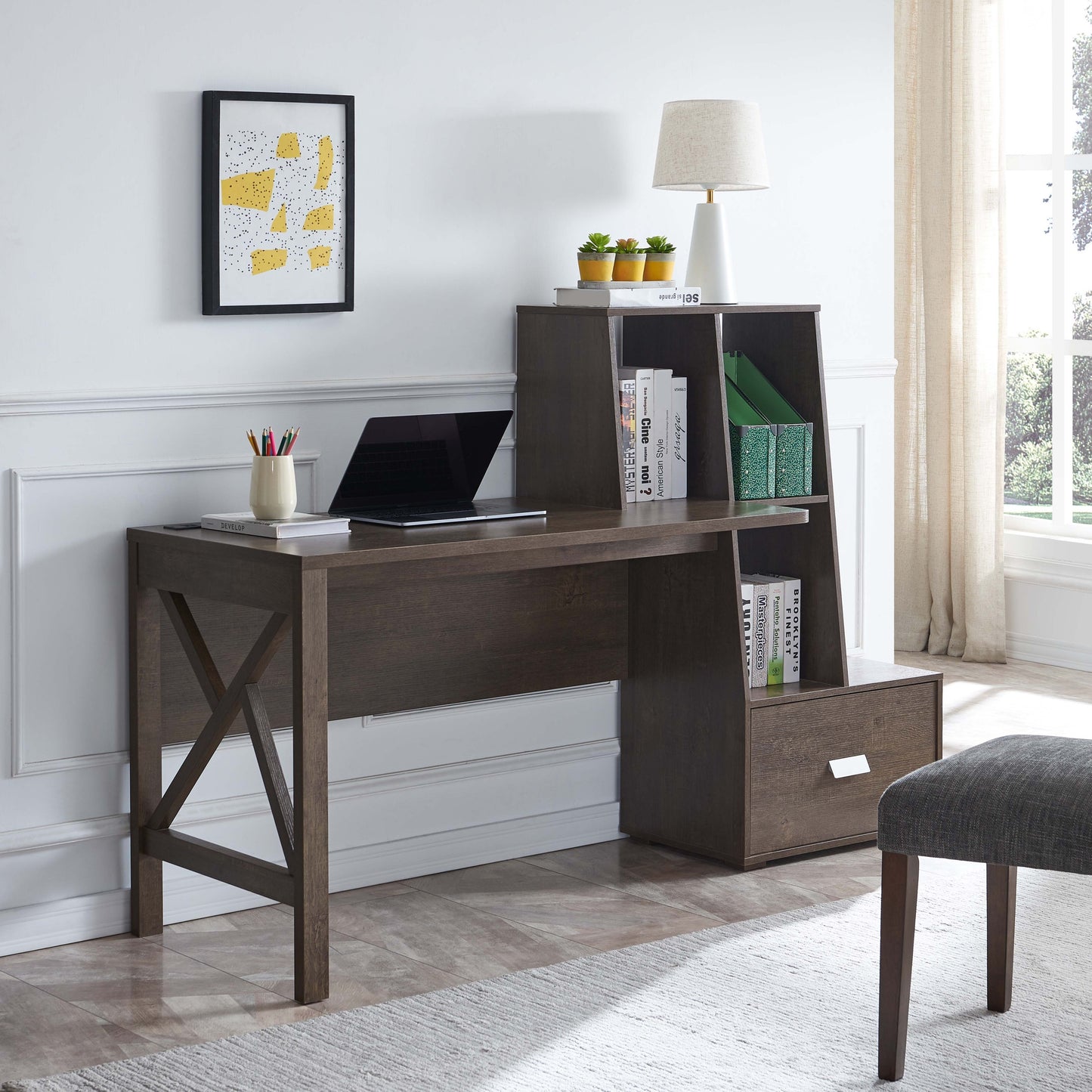 Walnut Oak Desk with Generous Storage and Display Area