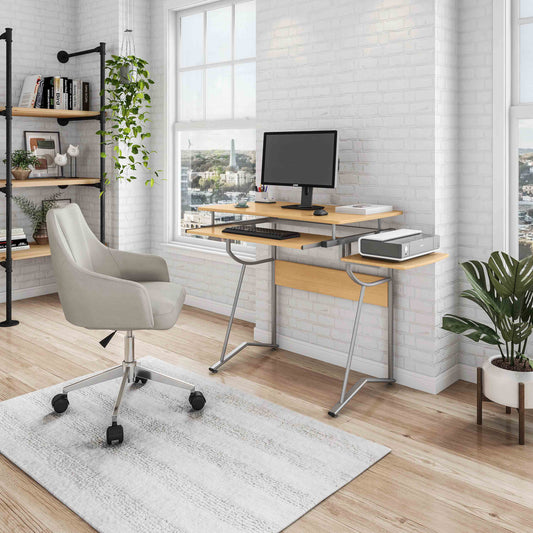 Cherry Compact Computer Desk with Side Shelf, Keyboard Panel, and Solid Wood Filler Steel Base