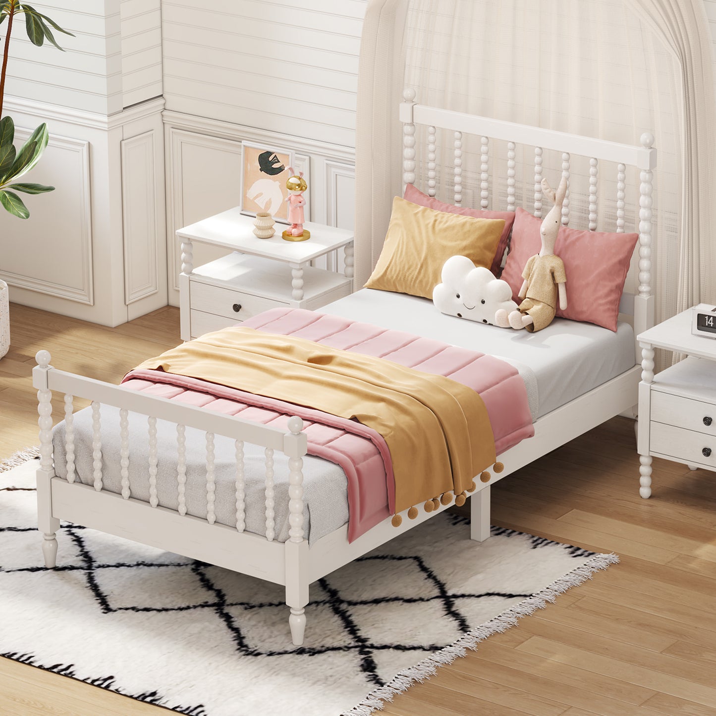 Twin Size Wood Platform Bed with Gourd Shaped Headboard and Footboard, White